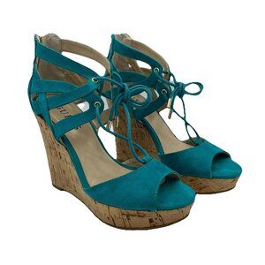 Guess Shoes Womens Size 5 M Teal Cork Wedge High Heels Sandals Lace Up Zip